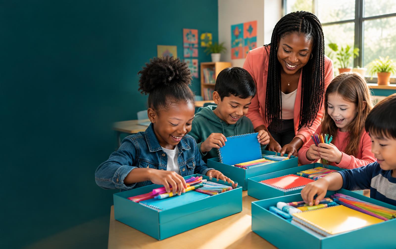 A teacher and students opening colorful school supply kits